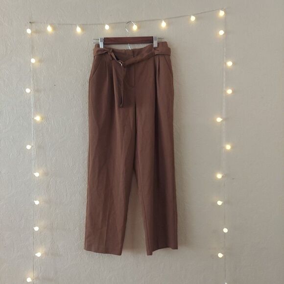 Primark Brown High Waist Pleated Belted Ankle Length Pants Sz US 4 - Picture 1 of 8